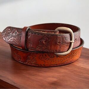 Vintage Deer Tooled Leather Belt Brown Full Grain Cowhide